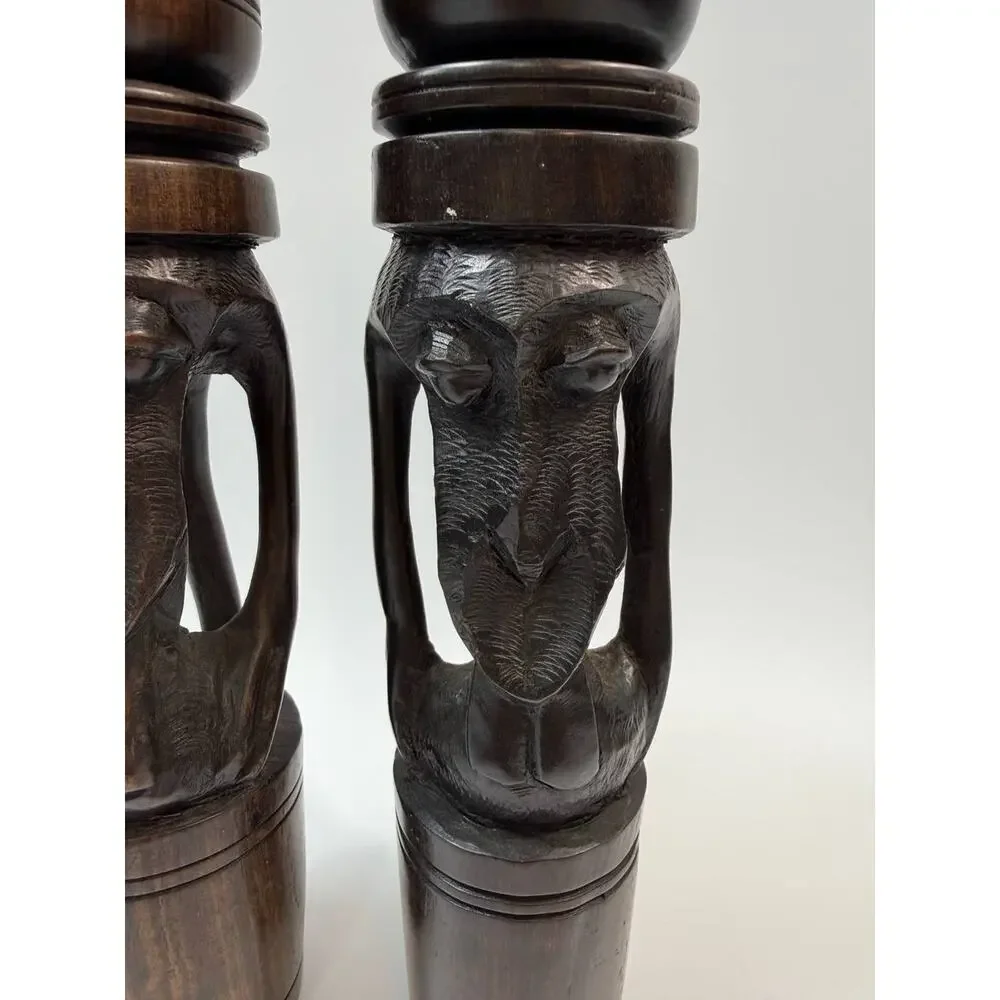Set 2 Hand Carved Wood Candle Holders Figural Tribal Decor 1.78 lb